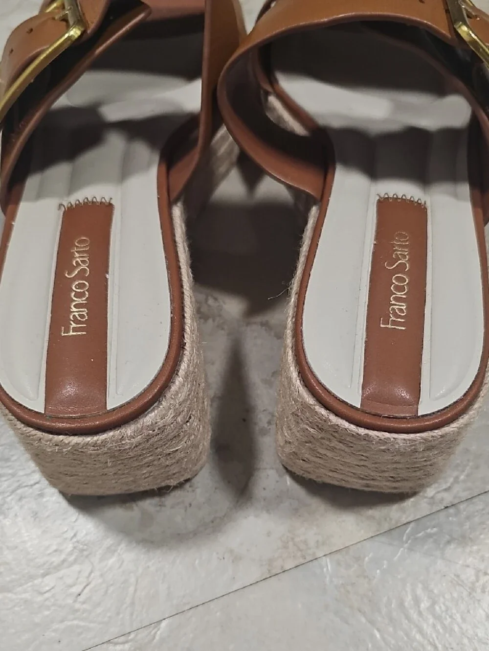Franco Sarto Tan Brown Leather Double-Band Espadrille Wedges